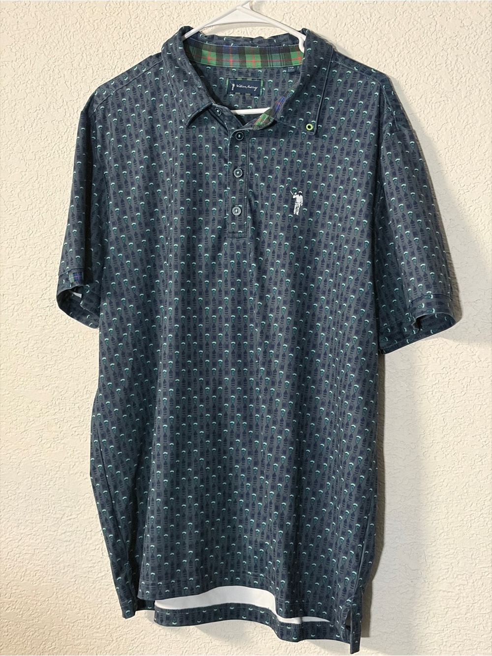 William Murray Golf “keep ’Em coming” all over beer and Mug print polo dark blue